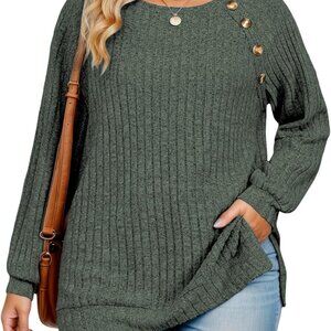Casual & Chic Plus Size Long Sleeve Blouse - Button Decor, Side Split, 3XL